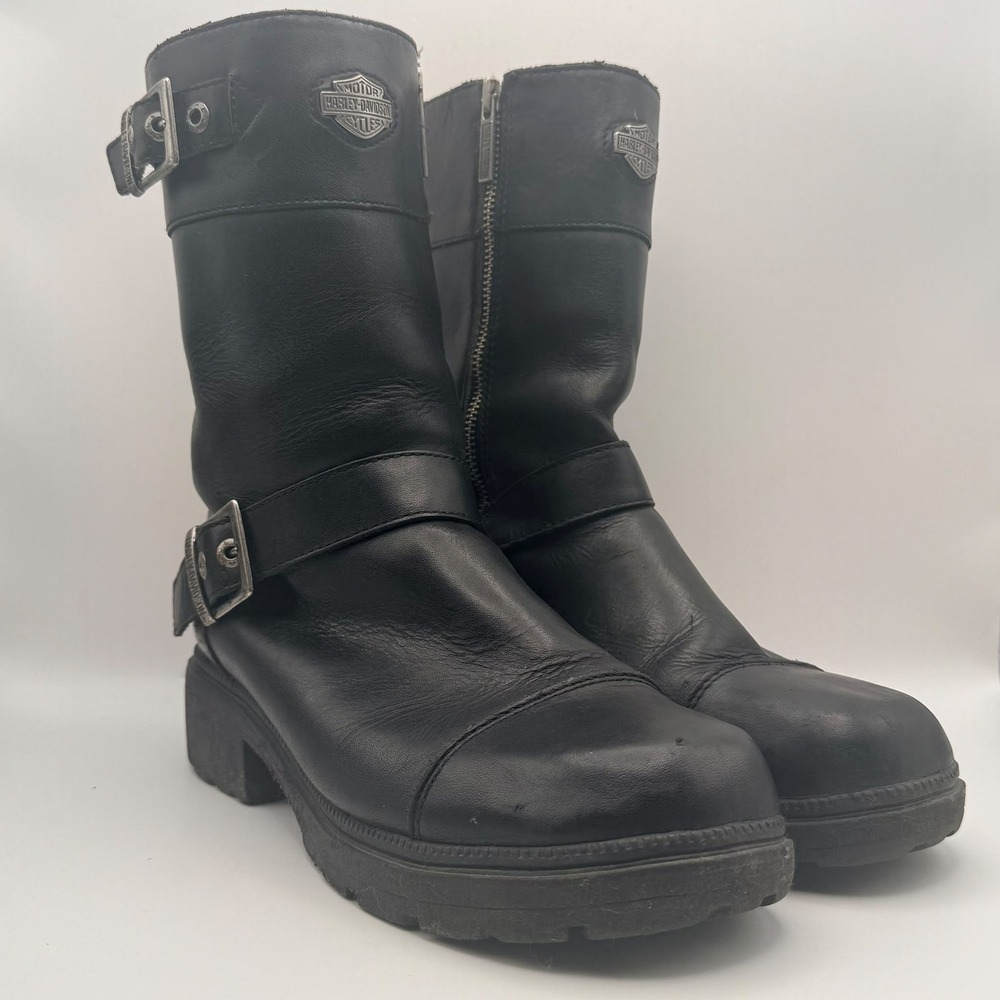 Harley Davidson Leather Motorcycle Boots Womens Black Buckle Zip Lug Sole Boots